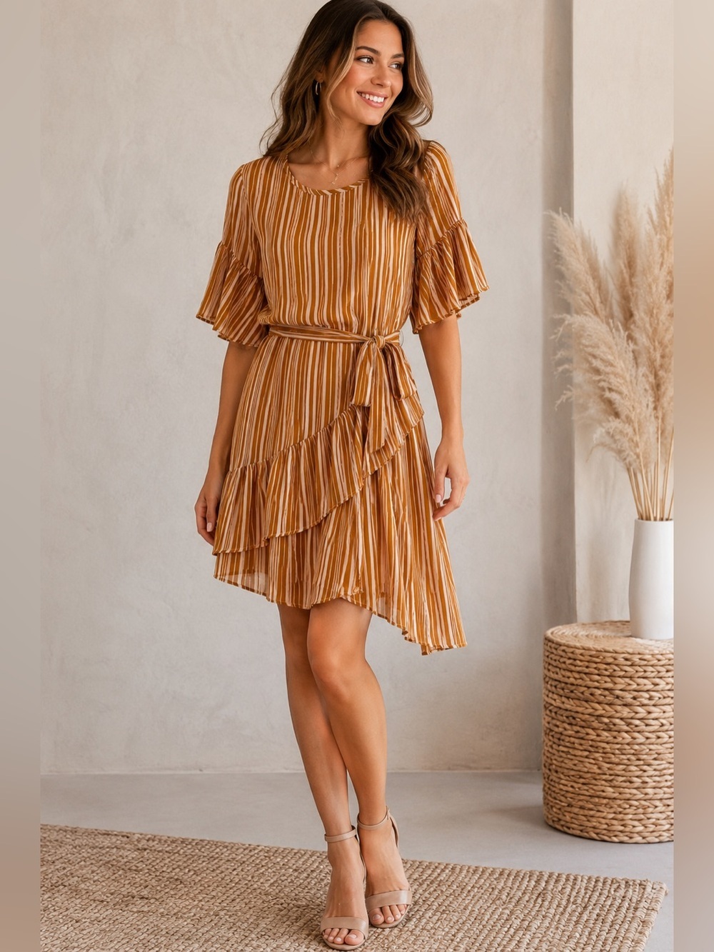 Dex Mustard Striped Ruffle Tie-Waist Mini Dress Size M Cottagecore Boho Festival
